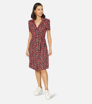 Yumi Red Floral Pocket Front Mini Shirt Dress New Look