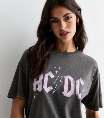 Dark Grey Acid Wash ACDC Logo T-Shirt New Look