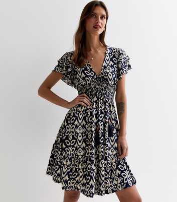 Blue Vanilla Navy Tile Print Shirred Waist Mini Dress
