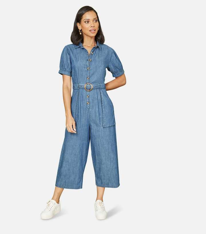 Yumi Blue Denim Look Wide Leg Jumpsuit
