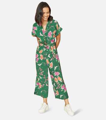 Yumi Green Floral Crane Print Belted Jumpsuit