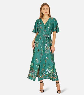 Yumi Green Mixed Animal Print Satin Midi Dress | New Look