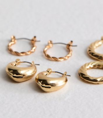 3 Pack Gold Oval Hinge Hoop Earrings New Look