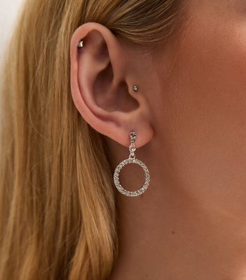 Silver Diamante Circle Drop Earrings New Look