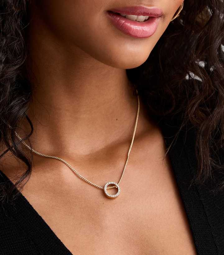 Gold Diamanté Circle Link Pendant Necklace