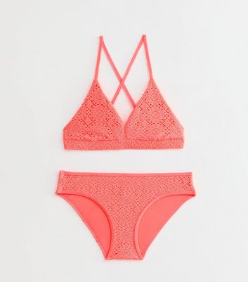 Girls Coral Crochet Triangle Bikini Set New Look