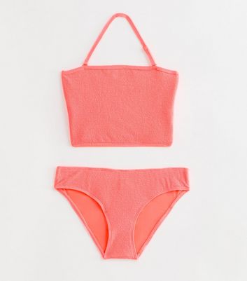 Girls Neon Coral Textured Bandeau Bikini Set New Look