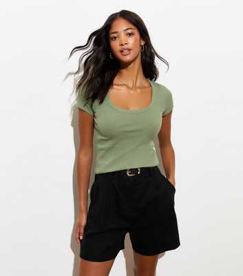 Green Ribbed Scoop Neck T-Shirt