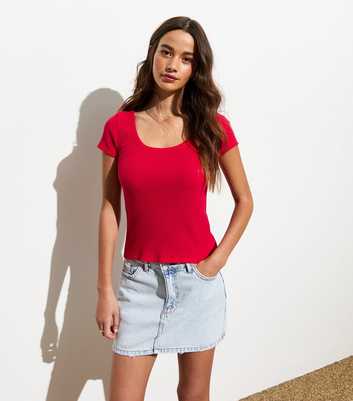 Red Ribbed Scoop-Neck T-Shirt