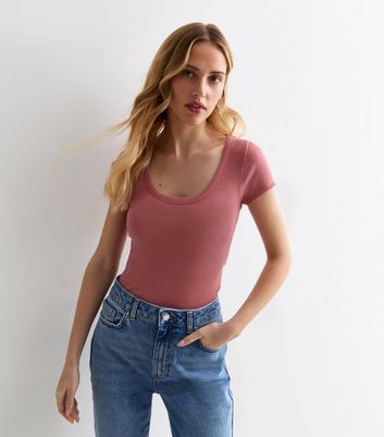 Pink Ribbed Scoop Neck T-Shirt New Look