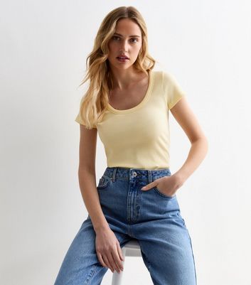 Pale Yellow Ribbed Scoop Neck T-Shirt New Look