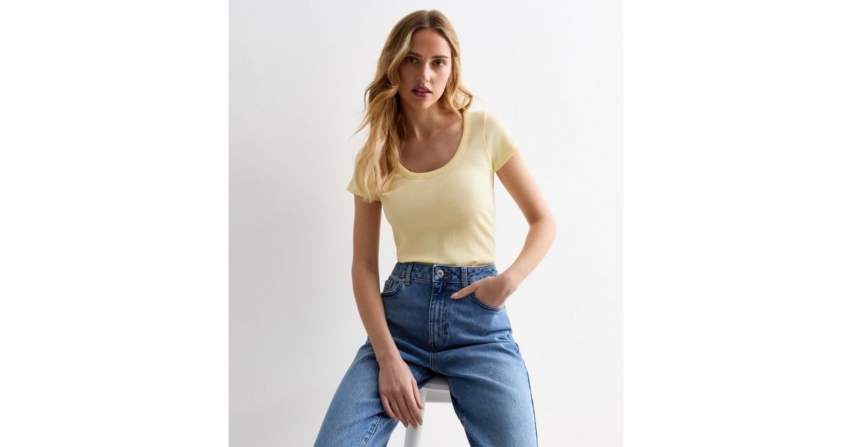 Pale Yellow Ribbed Scoop-Neck T-Shirt | New Look