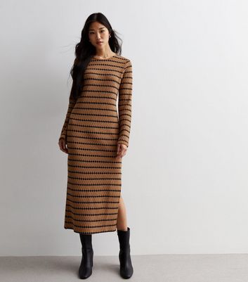 Light Brown Stripe Knit Midi Dress New Look