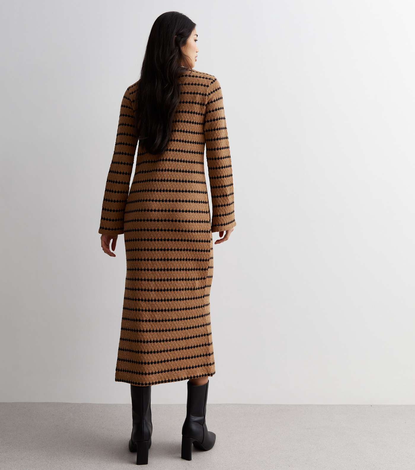 Light Brown Stripe Knit Midi Dress Image 4