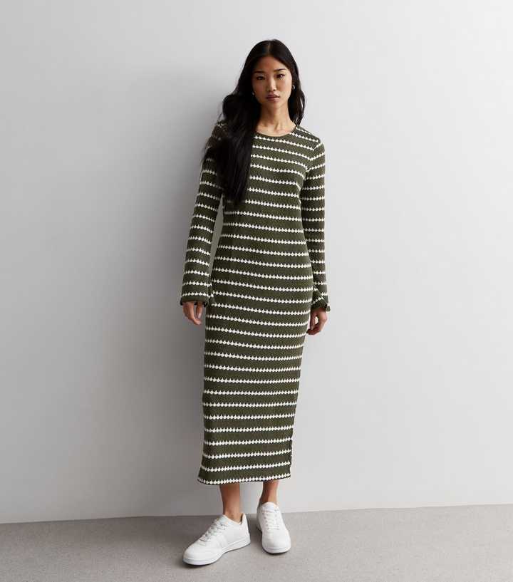 Khaki Stripe Knit Midi Dress | New Look 
