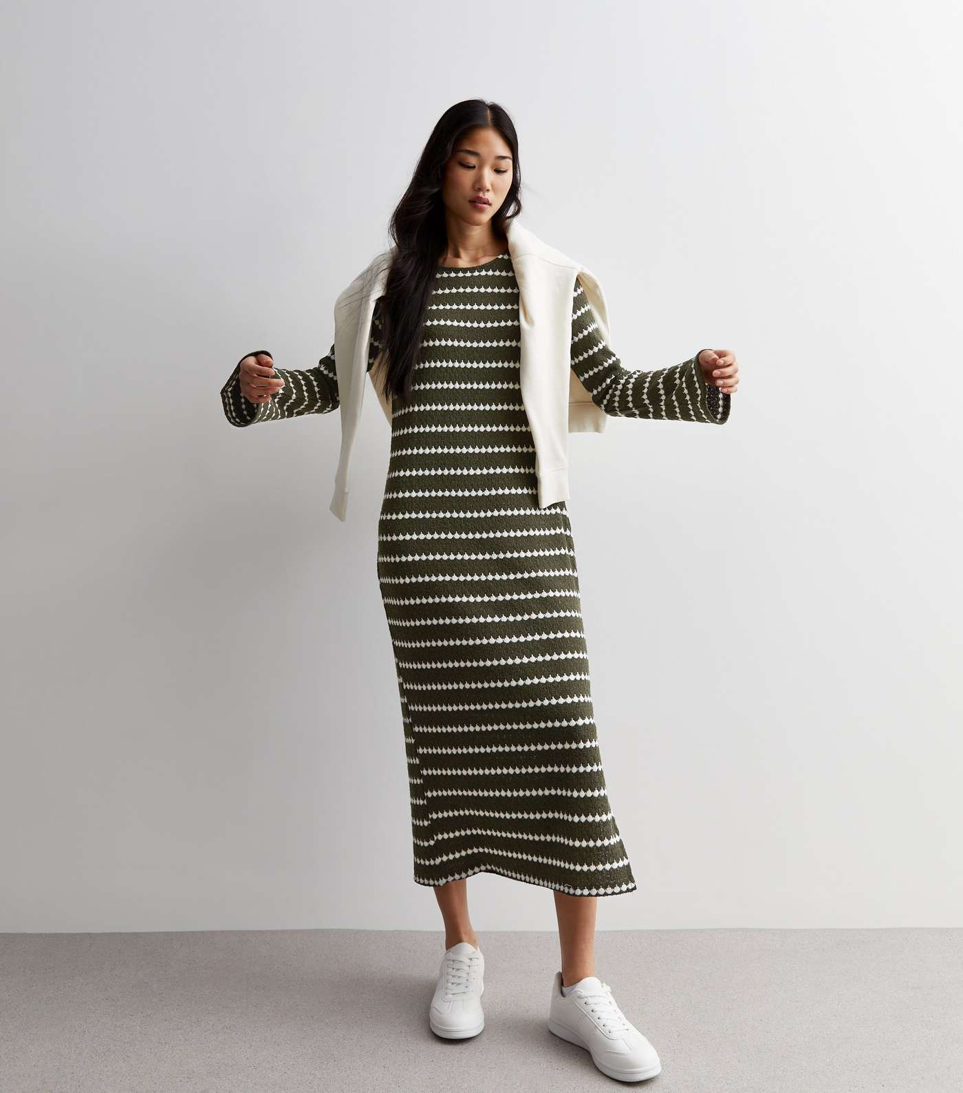 Khaki Stripe Knit Midi Dress Image 3