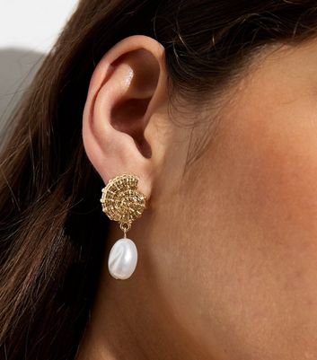Gold Shell Faux Pearl Drop Earrings New Look