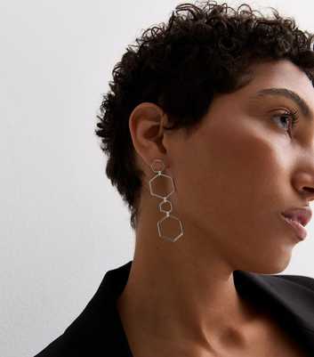 Silver Cut Out Hexagon Drop Earrings