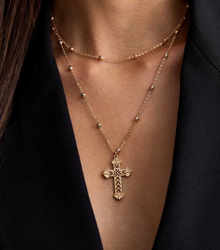 Gold Tone Double Chain Cross Necklace - Main Image