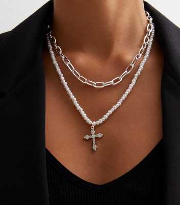 Silver Layered Faux Pearl Cross Pendant Necklace