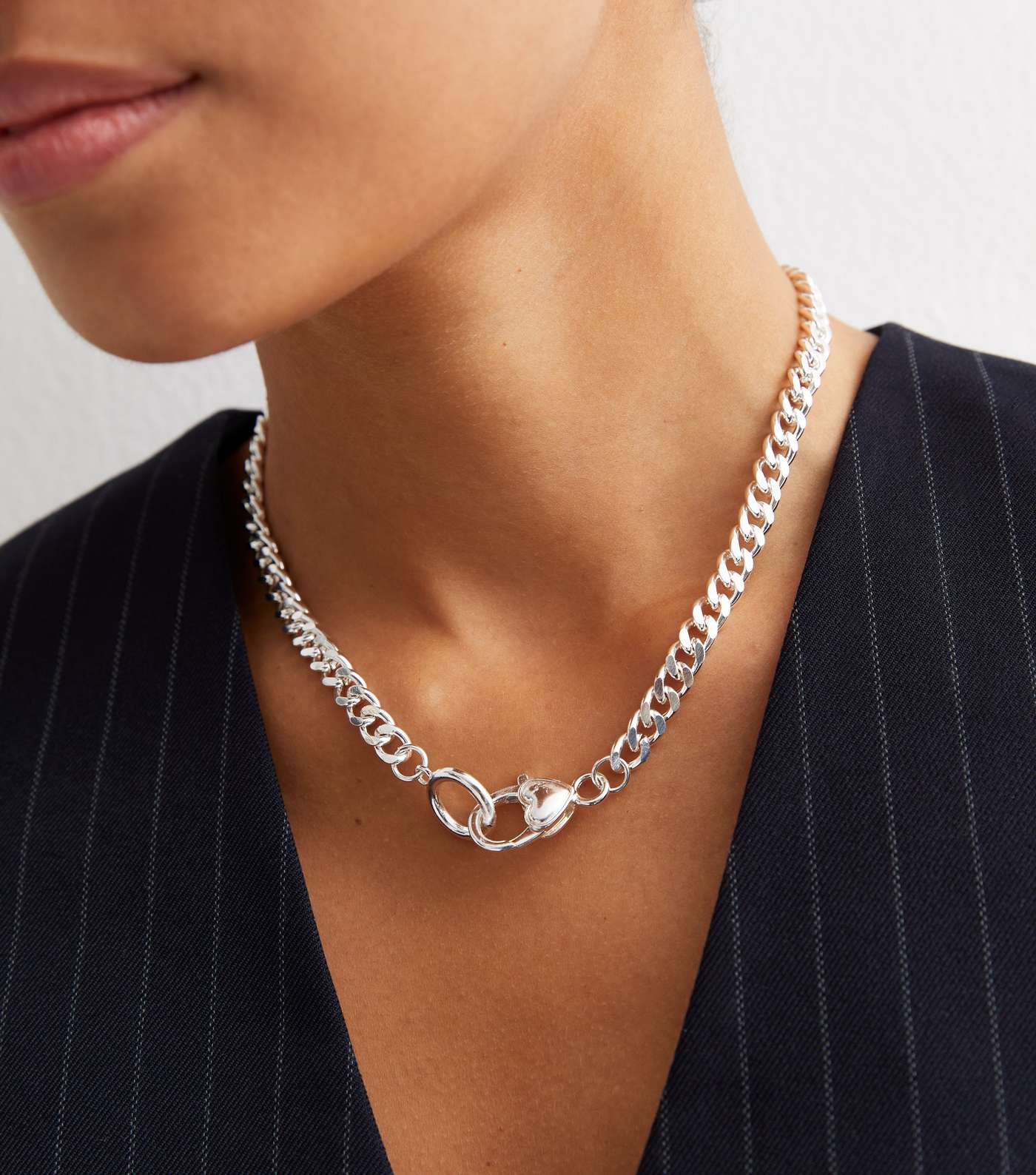 Silver Heart Clasp Curb Chain Necklace