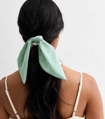 Mint Green Faux Pearl Bow Scrunchie