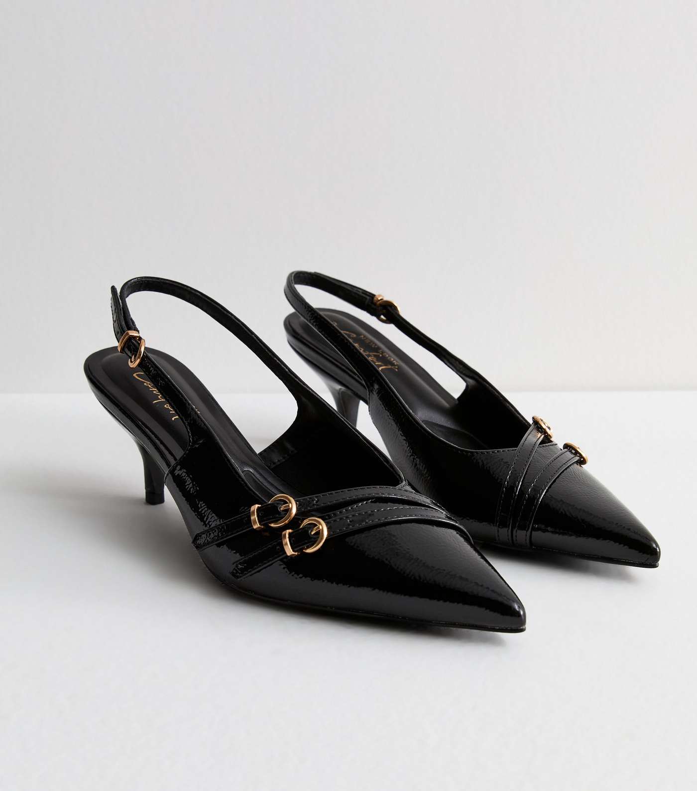 Black Patent Pointed Slingback Kitten Heel Court Shoes Image 5