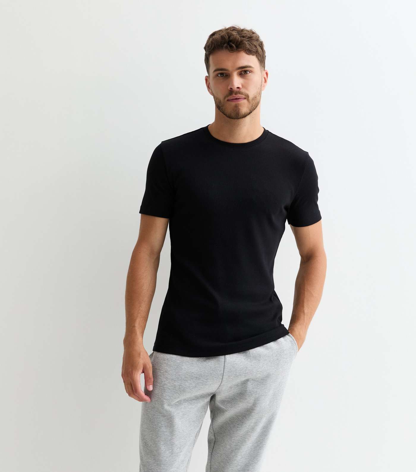 Black Ribbed Muscle Fit T-Shirt Image 2