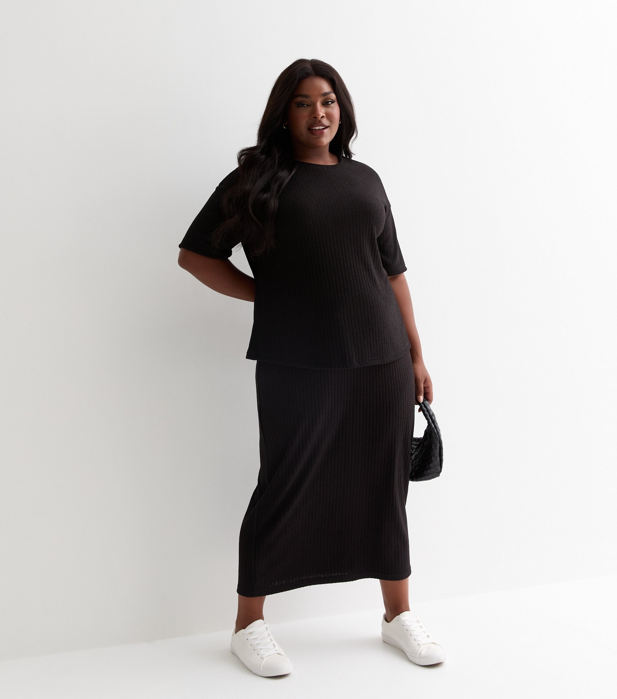 Women's Plus Size Black Ribbed Midi Skirt Curves New Look