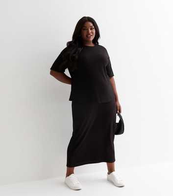 Curves Black Ribbed Midi Skirt