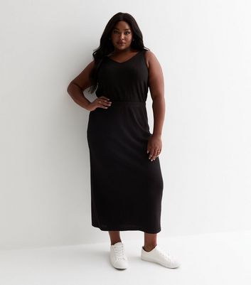 Curves Black Ribbed Midi Skirt New Look