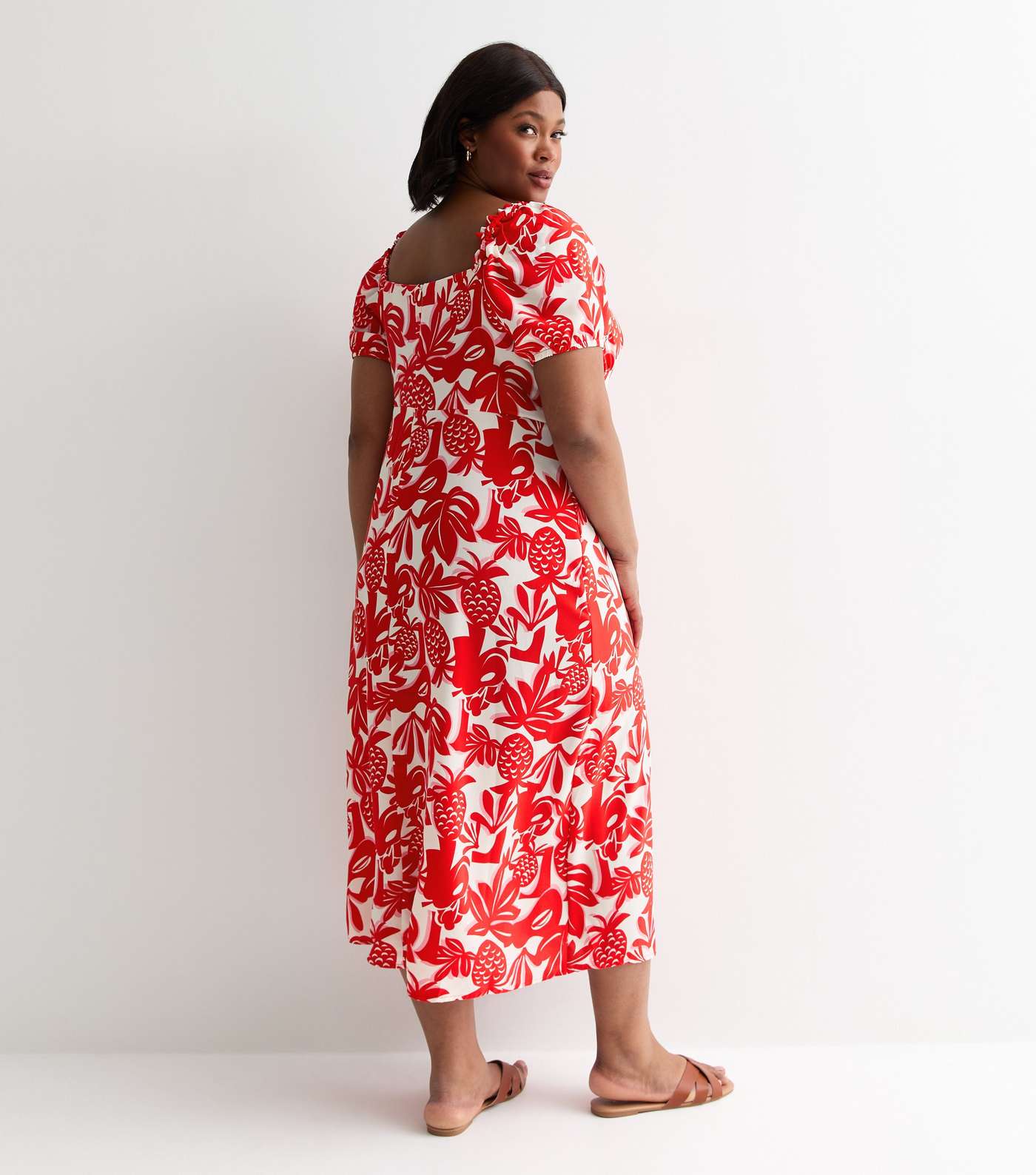 Curve Red Pineapple Print Midi Milkmaid Dress Image 4