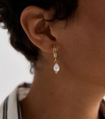 Real Gold Plate Faux Pearl Diamanté Hoop Earrings | New Look