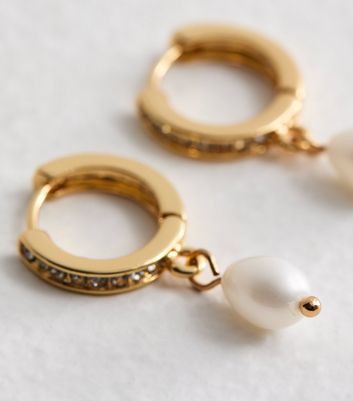 Real Gold Plate Faux Pearl Diamante Hoop Earrings New Look