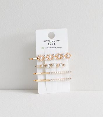 4 Pack Gold Faux Pearl Hair Slides New Look