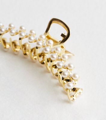 Gold Faux Pearl Slim Hair Claw Clip New Look