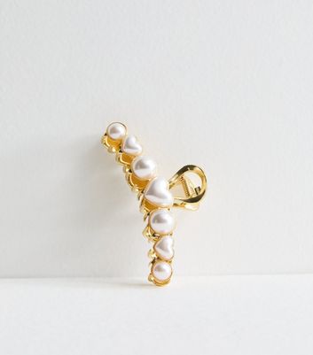 Gold Faux Pearl Heart Hair Claw Clip New Look