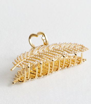 Gold Faux Pearl Leaf Hair Claw Clip New Look