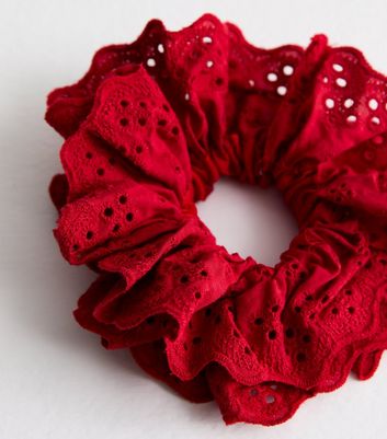 Red Broderie Frill Hair Scrunchie New Look