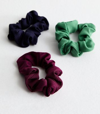 3 Pack Navy Teal and Burgundy Ribbed Scrunchies New Look