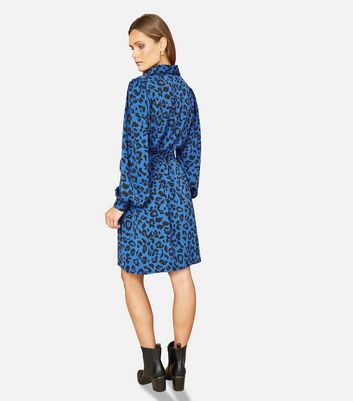 Mela Blue Leopard Print Belted Mini Shirt Dress New Look