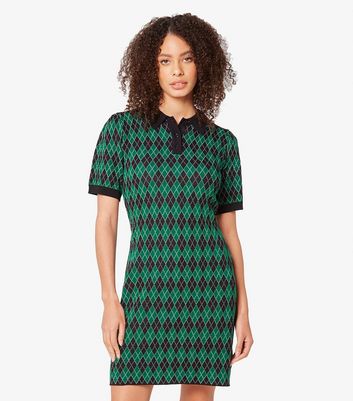Apricot Green Geometric Knit Polo Mini Dress New Look