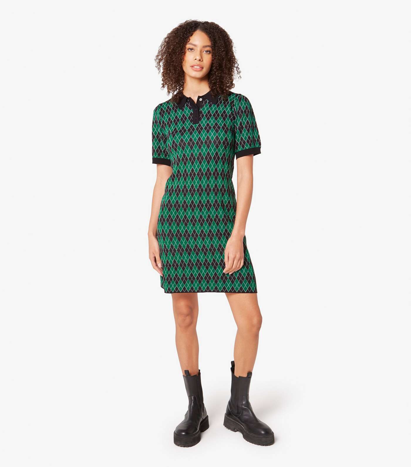 Apricot Green Geometric Knit Polo Mini Dress | New Look