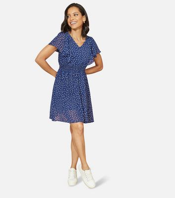 Mela Navy Spot Shirred Waist Mini Dress New Look
