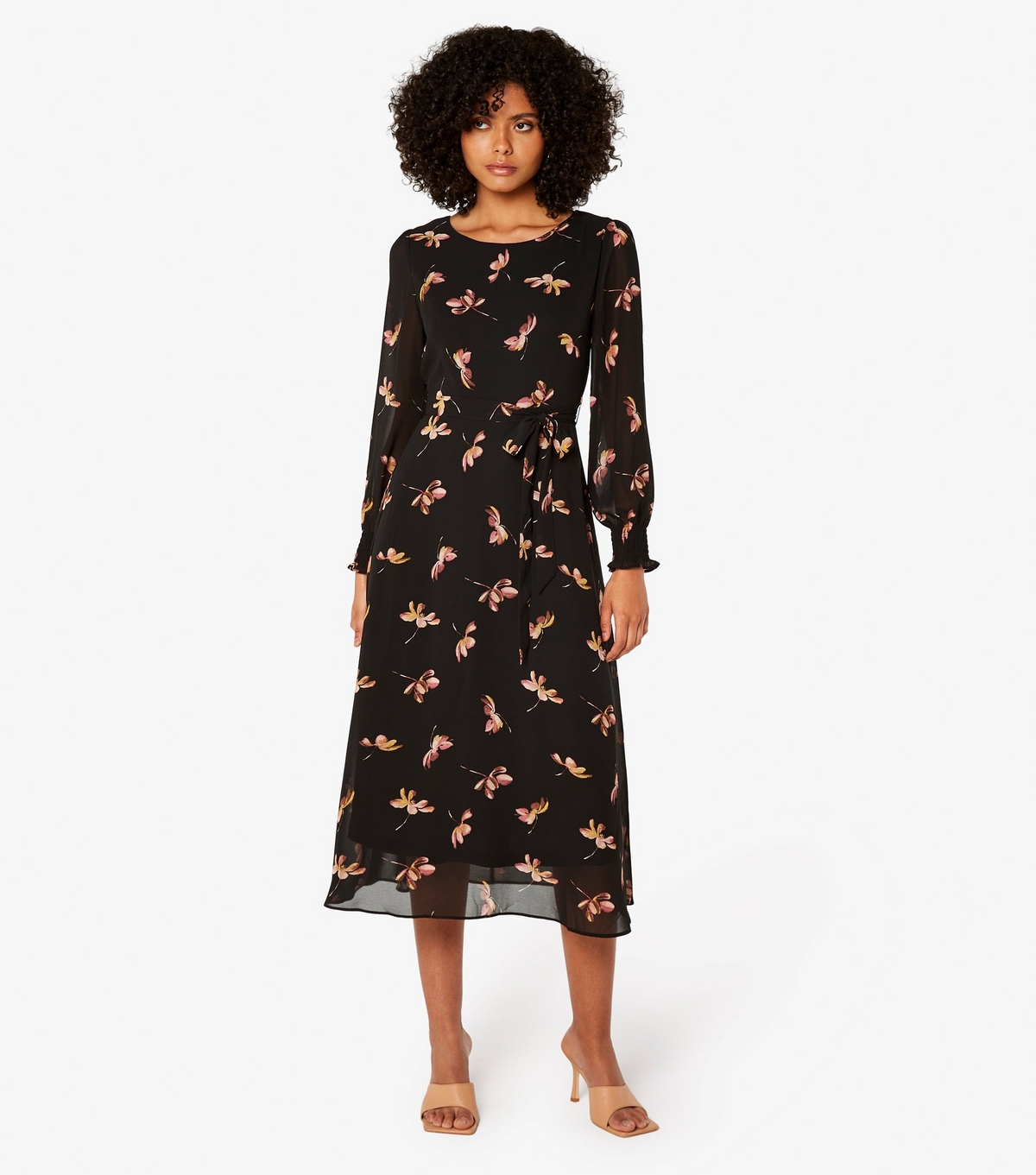 Women's Black Floral Belted Midaxi Dress Apricot New Look