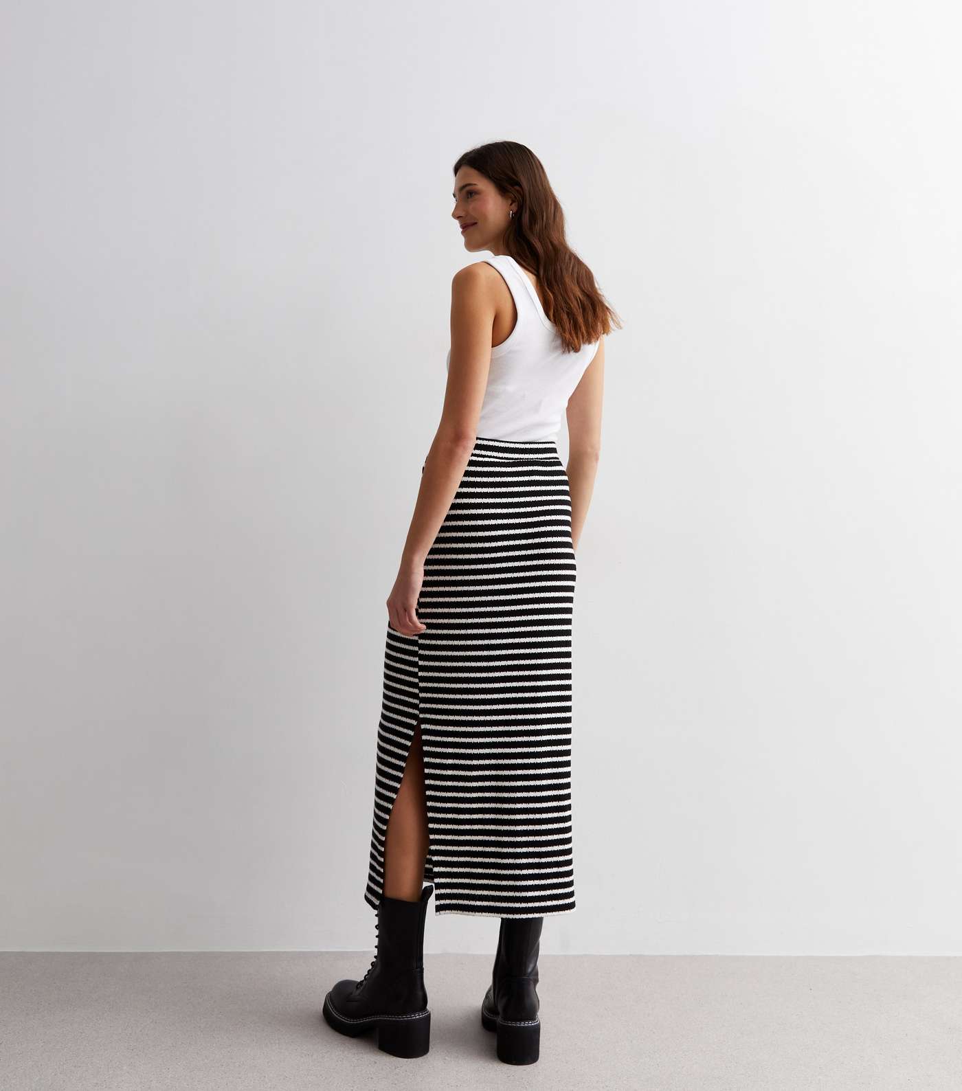 Black Stripe Textured Split Hem Midi Skirt Image 4