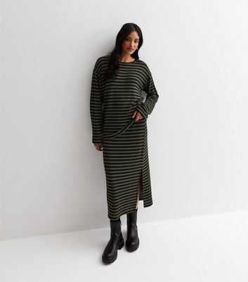 Green Stripe Textured Split Hem Midi Skirt New Look