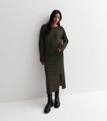 Green Stripe Textured Split Hem Midi Skirt