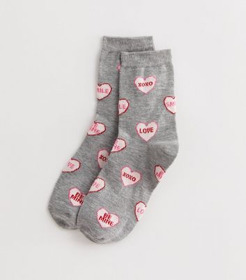 Pale Grey Love Heart Socks New Look