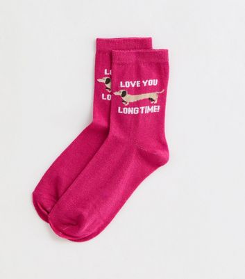 Deep Pink Love You Long Time Sausage Dog Socks New Look
